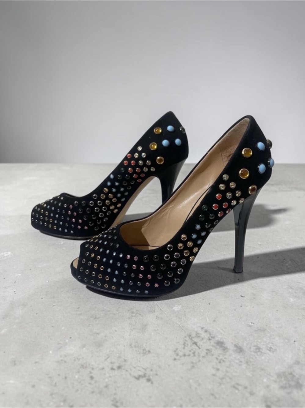 GIUSEPPE ZANOTTI Black Suede Cabochon-studded Open-toe Pumps Sz 6.5 36.5 $925